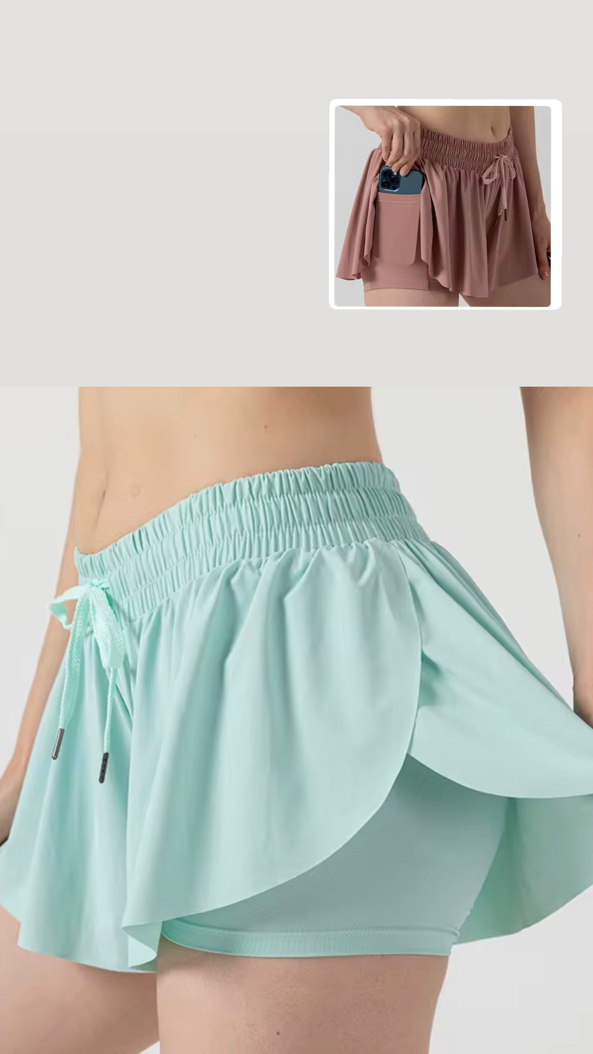SPOX Butterfly Skirt Shorts – Mint Pastel or Black | Built-In Liner & Phone Pocket