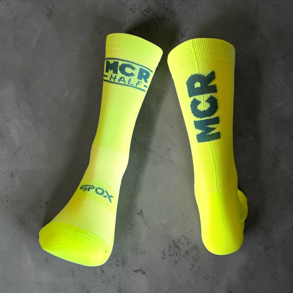 High visibility custom event socks with branded knitted logos